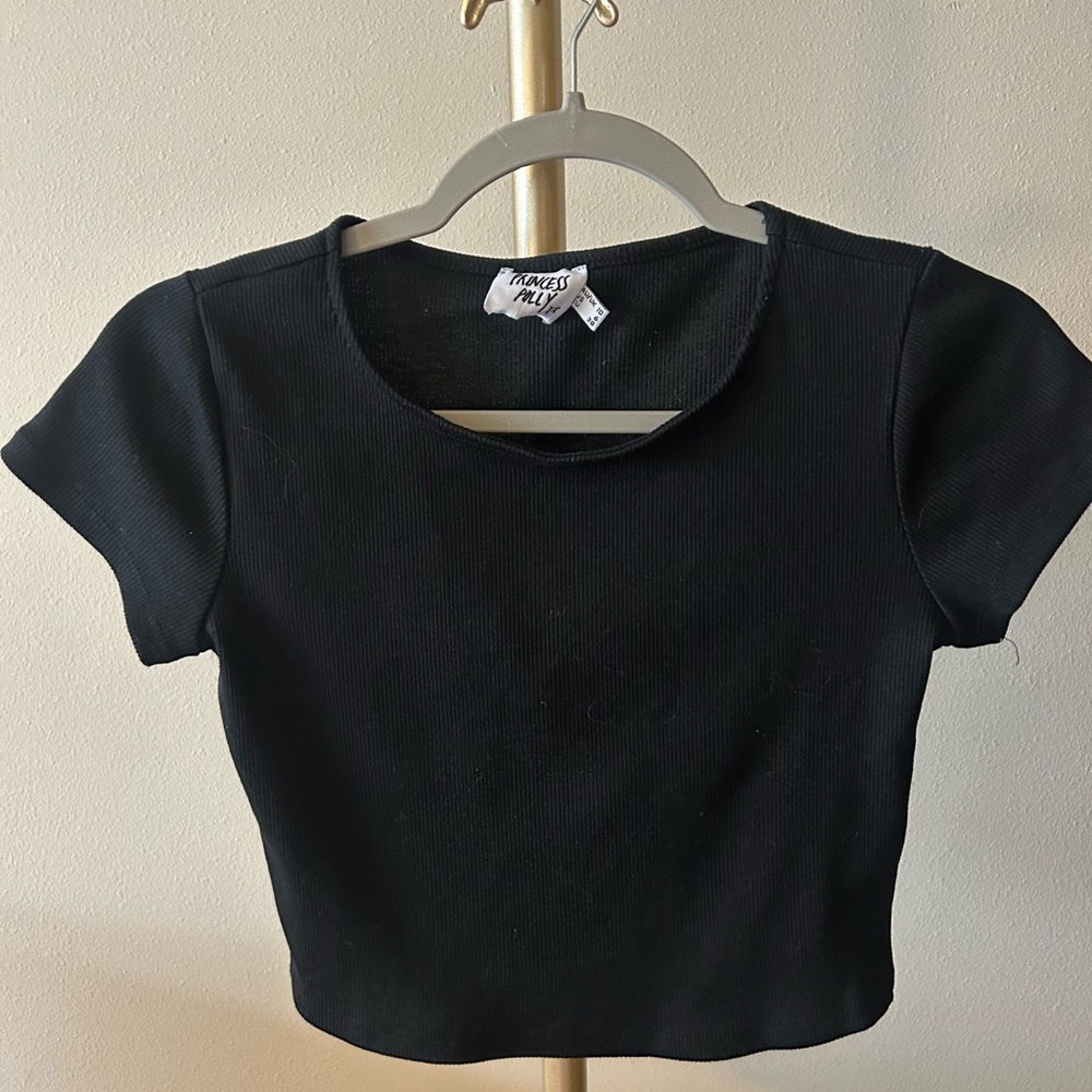 Princess Polly Black Ribbed Short Sleeve Crop Tee
